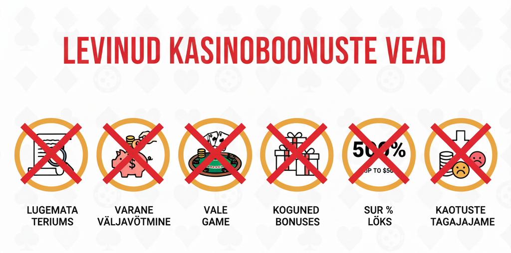 Kuus levinumat viga kasiino boonuste kasutamisel — tingimuste mittelugemine, liiga varajane väljamakse, valede mängude mängimine ja teised