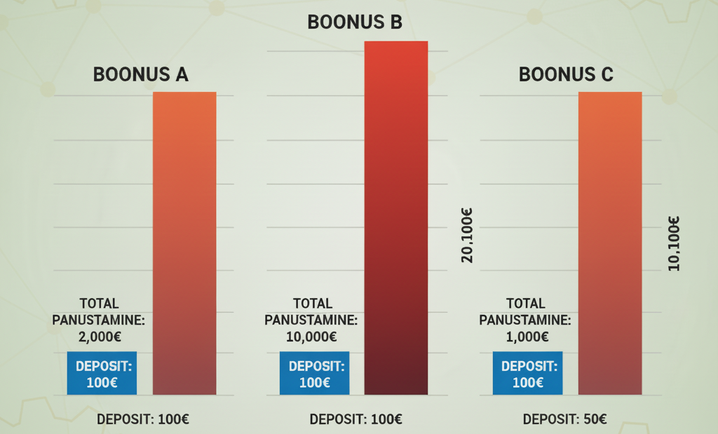 Läbimängunõuete võrdlus — visuaalne graafik näitab, kuidas 200% boonus 50x nõudega nõuab 10 000€ panustamist vs 100% boonus 25x nõudega vaid 2 500€